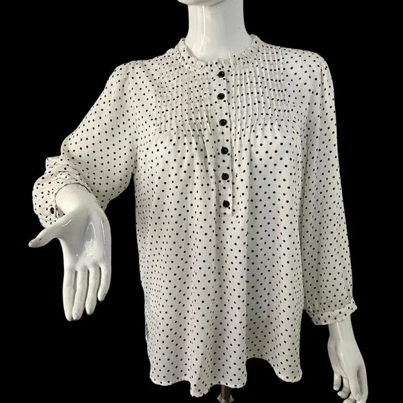 Jasmine & Juliana Long Slv White Black Polka Dot Blouse Sz L 1/2 Btn Ruffle Neck - Picture 2 of 9